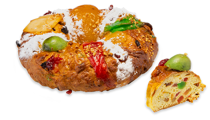 Bolo Rei "Pastel del Rei" de Navidad listo para consumo y empaquetado (Pastelería tradicional portuguesa)